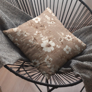 Mocha Brown Mousse White Floral Linen Look Throw Pillow