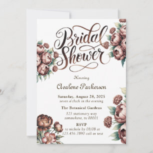 Mocha Brown Painted Peony Bridal Shower Invitation