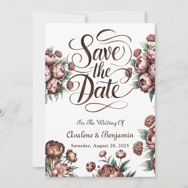 Mocha Brown Painted Peony Save the Date Cards (Front)