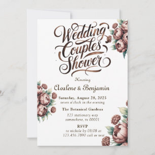Mocha Brown Painted Peony Wedding Couples Shower Invitation