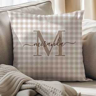 Mocha Brown Plaid Throw Pillow with Monogram