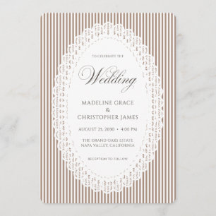 Mocha Brown Stripe Lace Doily Wedding Invitation