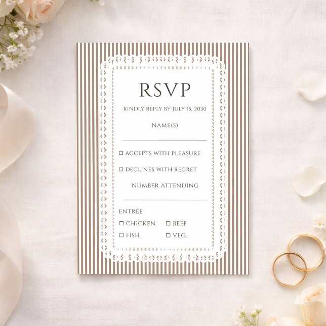 Mocha Brown Stripe Lace Doily Wedding RSVP Enclosure Card (Creator Uploaded)