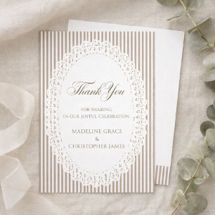 Mocha Brown Stripe Lace Doily Wedding Thank You Card