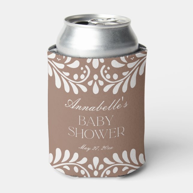 Mocha Brown Talavera Spanish Fiesta Baby Shower Can Cooler (Can Front)