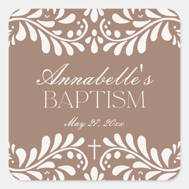 Mocha Brown Talavera Spanish Fiesta Baptism Favour Square Sticker (Front)