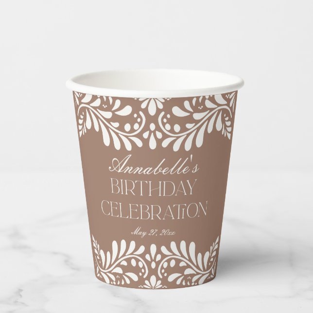 Mocha Brown Talavera Spanish Fiesta Birthday Party Paper Cups (Front)