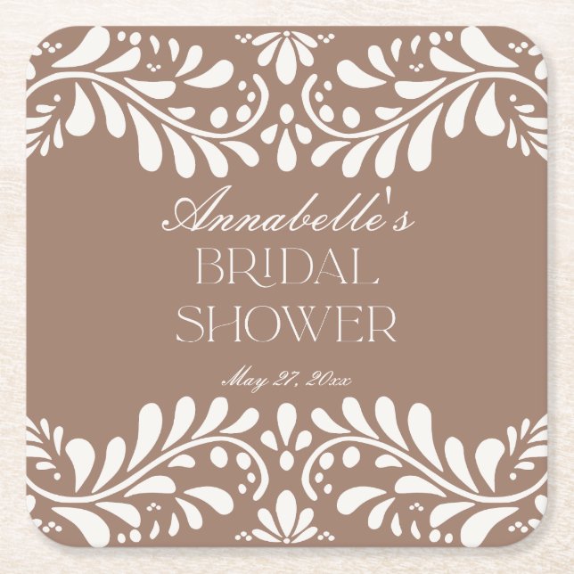 Mocha Brown Talavera Spanish Fiesta Bridal Shower Square Paper Coaster (Front)
