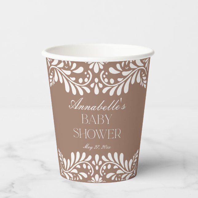 Mocha Brown Talavera Tile Fiesta Baby Shower Paper Cups (Front)
