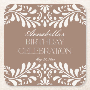 Mocha Brown Talavera Tile Fiesta Birthday Party Square Paper Coaster
