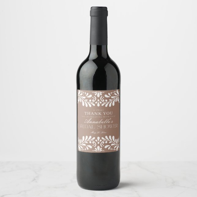 Mocha Brown Talavera Tile Fiesta Bridal Shower Wine Label (Front)