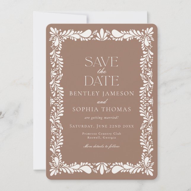 Mocha Brown Talavera Tile Fiesta Save the Date Invitation (Front)