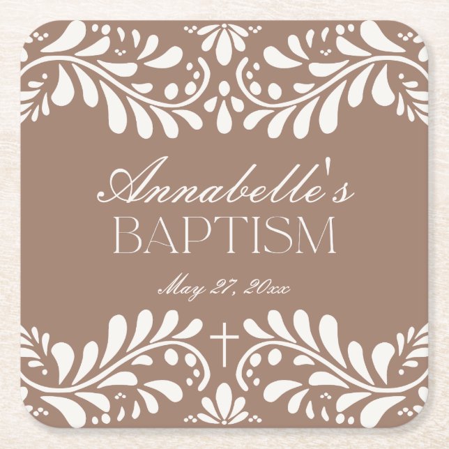 Mocha Brown Talavera Tile Spanish Fiesta Baptism Square Paper Coaster (Front)