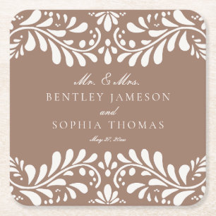 Mocha Brown Talavera Tile Spanish Fiesta Wedding Square Paper Coaster