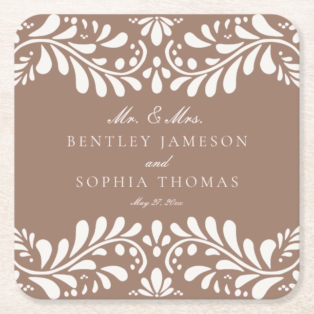 Mocha Brown Talavera Tile Spanish Fiesta Wedding Square Paper Coaster (Front)