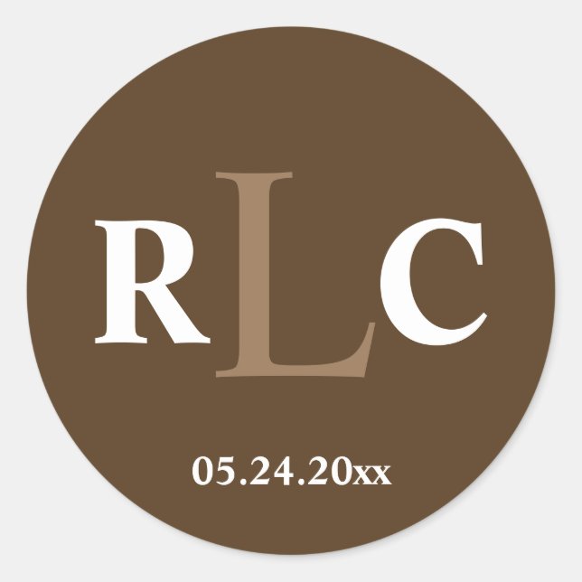 Mocha brun 3 monogramme initial étiquette mariage  (Devant)