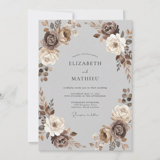 Mocha Champagne Peony Wedding Invitation (Front)