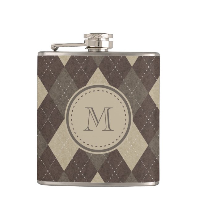 Mocha Chocca Brown Argyle with Monogram Hip Flask (Front)