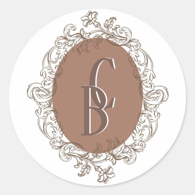 Mocha Chocolate Mousse Rococo Wedding Monogram Classic Round Sticker (Front)