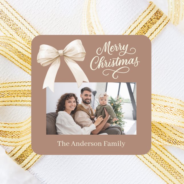 Mocha coffee cream bow photo script Christmas Square Sticker (Creator Uploaded)