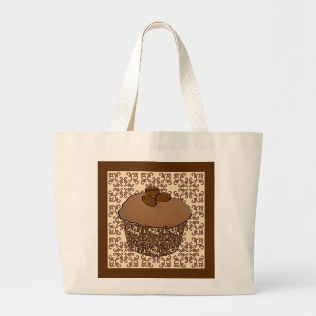 Mocha / Coffee Frosted Cupcake, Lace Background Large Tote Bag (Front)