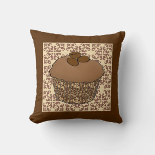 Mocha / Coffee Frosted Cupcake, Lace Background Throw Pillow