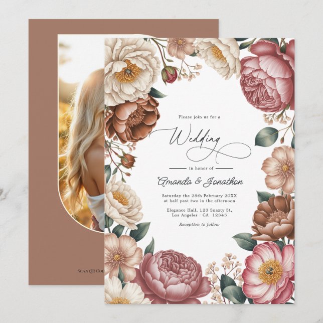 Mocha, Cream & Dusty Rose Floral Wedding QR Code Invitation (Front/Back)