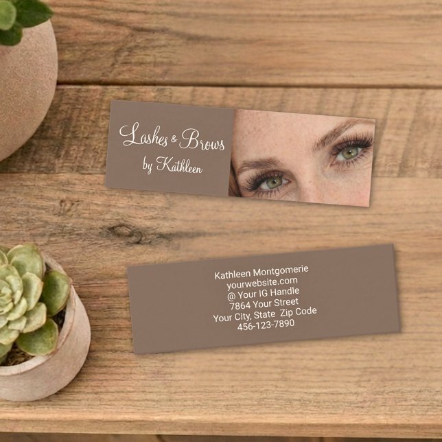 Mocha Cream Script Photo Lashes and Brows Mini Business Card (Creator Uploaded)