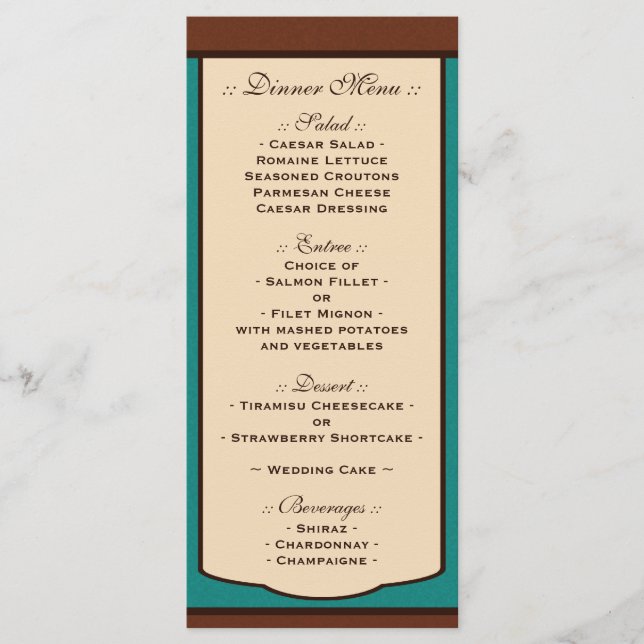 Mocha doux et Menus de réception de mariage Turquo (Devant)