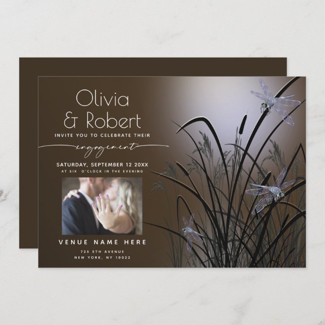 Mocha Glow Engagement Moonlight Dragonfly Invitation (Front/Back)