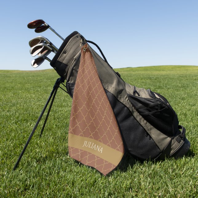 Mocha Gold Quatrefoil Personalized  Golf Towel (Green)