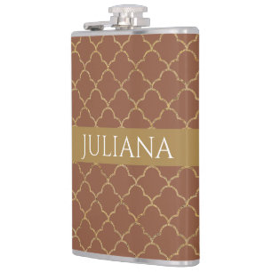 Mocha Gold Quatrefoil Personalized  Hip Flask