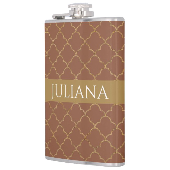 Mocha Gold Quatrefoil Personalized  Hip Flask (Left)