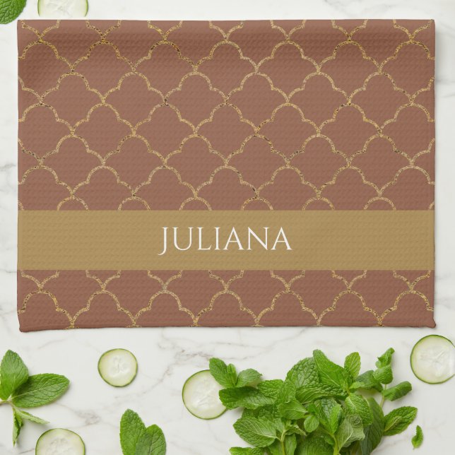 Mocha Gold Quatrefoil Personalized Kitchen Towel (Folded)