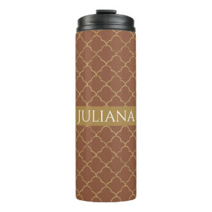 Mocha Gold Quatrefoil Personalized  Thermal Tumbler