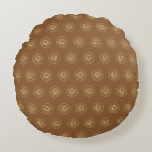 Mocha   Golden Zinnia Flower Medallions Round Pillow