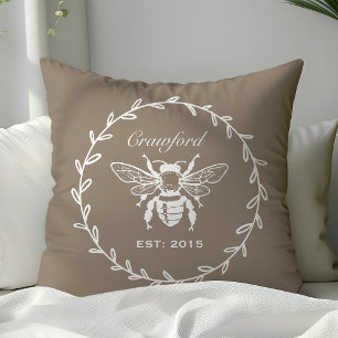 Mocha Honey Bee Laurel Honeycomb Monogram Throw Pillow