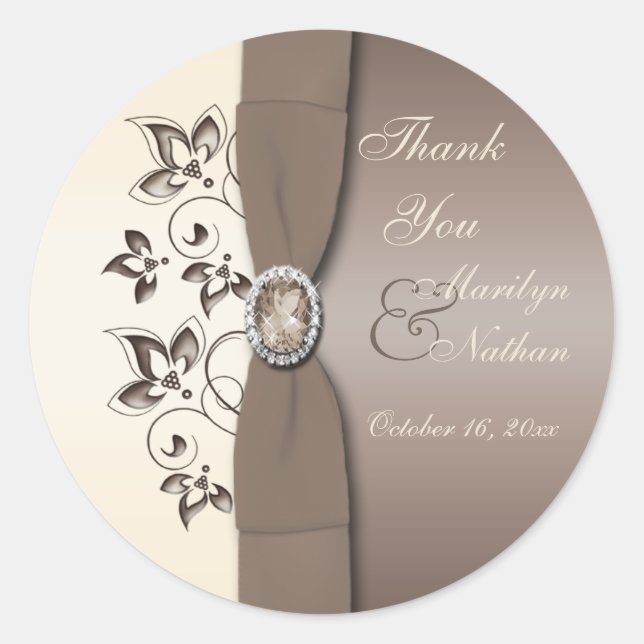 Mocha Ivory Floral Monogrammed 3" Round Sticker (Front)