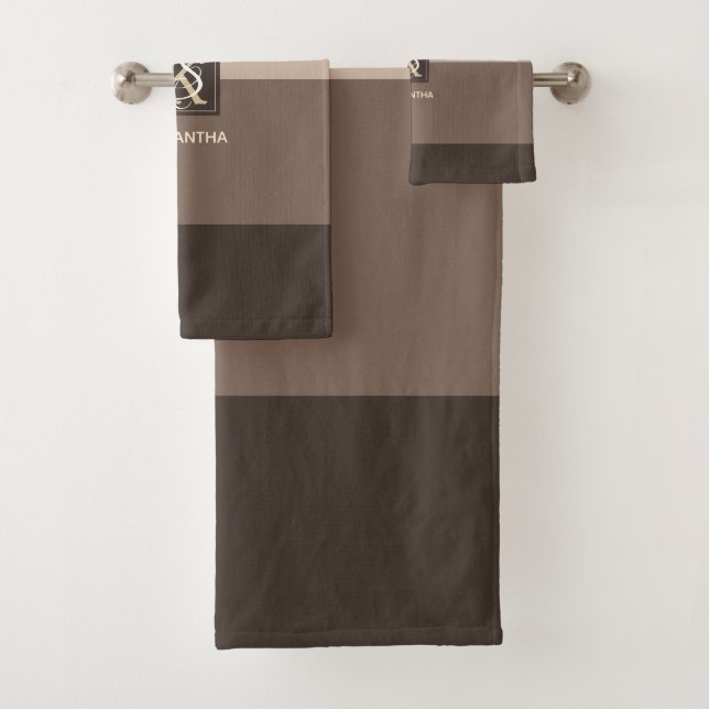 Mocha Latte Colour Palette Stripes Monogram Bath Towel Set (Insitu)