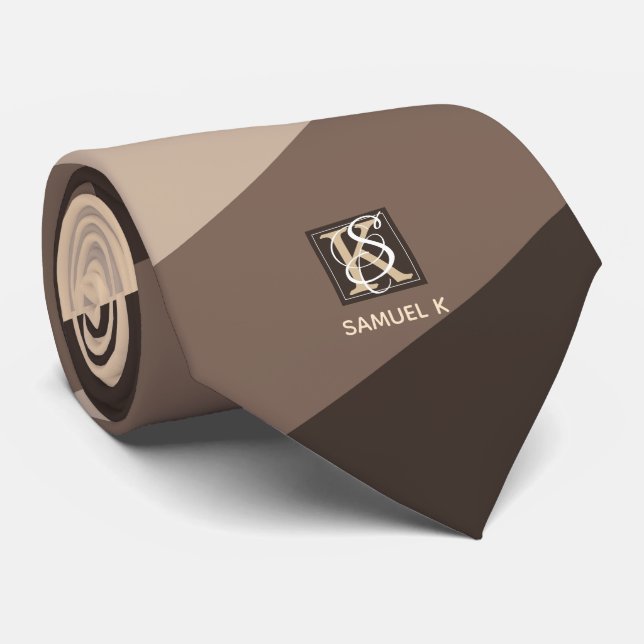 Mocha Latte Colour Palette Stripes Monogram Tie (Rolled)