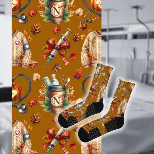 Mocha Monogram Nurse Autumn Essentials Crew Socks (Creator Uploaded)