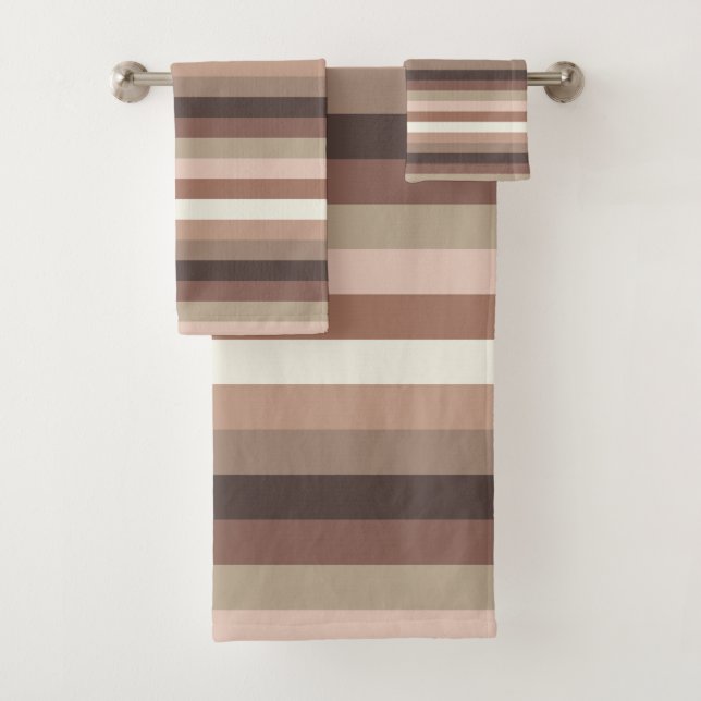 Mocha Mousse and Accents Horizontal Stripe Pattern Bath Towel Set (Insitu)