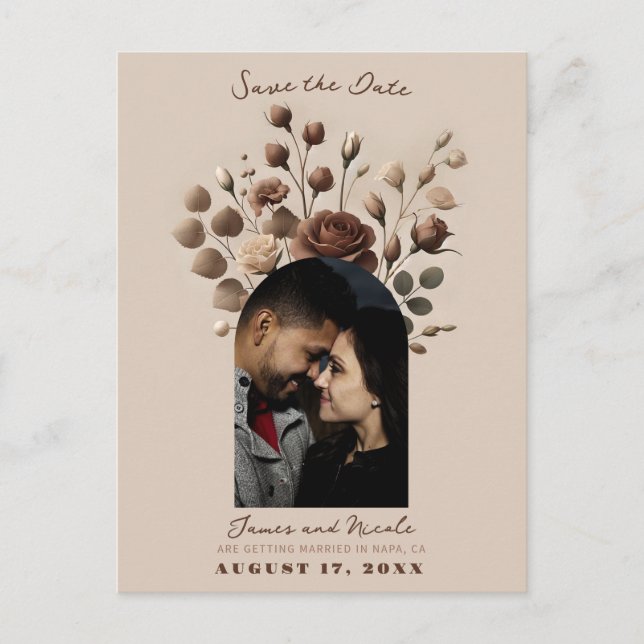 Mocha Mousse Beige Brown Floral Save The Date  Announcement Postcard (Front)