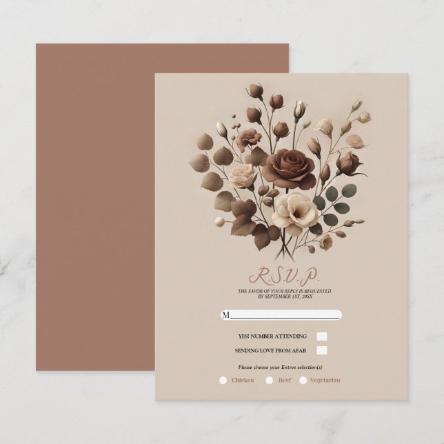 Mocha Mousse Beige Brown Floral Wedding RSVP Invitation (Front/Back)