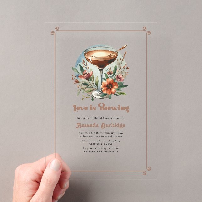 Mocha Mousse "Love is Brewing" Bridal Shower Acrylic Invitations (Insitu (Handheld))
