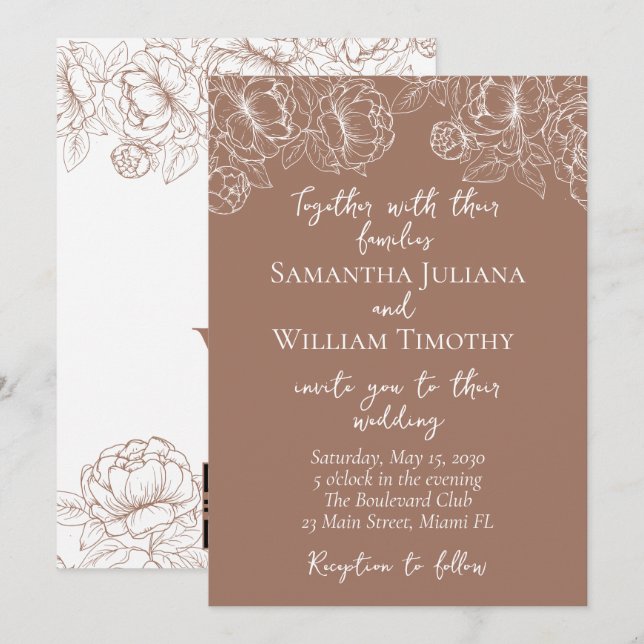 Mocha Mousse Modern Boho Floral Minimalist Wedding Invitation (Front/Back)