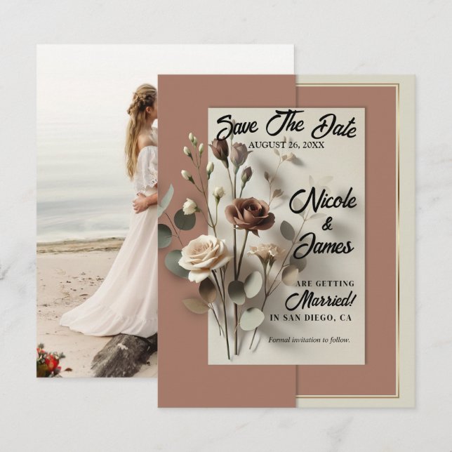 Mocha Mousse Modern Botanical Floral Save The Date Invitation (Front/Back)
