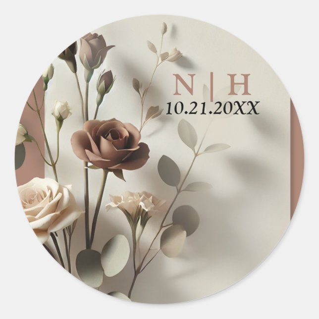 Mocha Mousse Modern Botanical Floral Wedding  Classic Round Sticker (Front)
