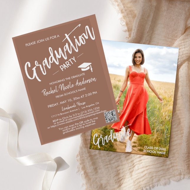 Mocha Mousse Script QR Code Photo Graduation Party Invitation (Creator Uploaded)