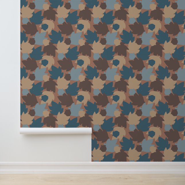 Mocha Mousse Teal Oak Leaves Acorns Wallpaper (Application)